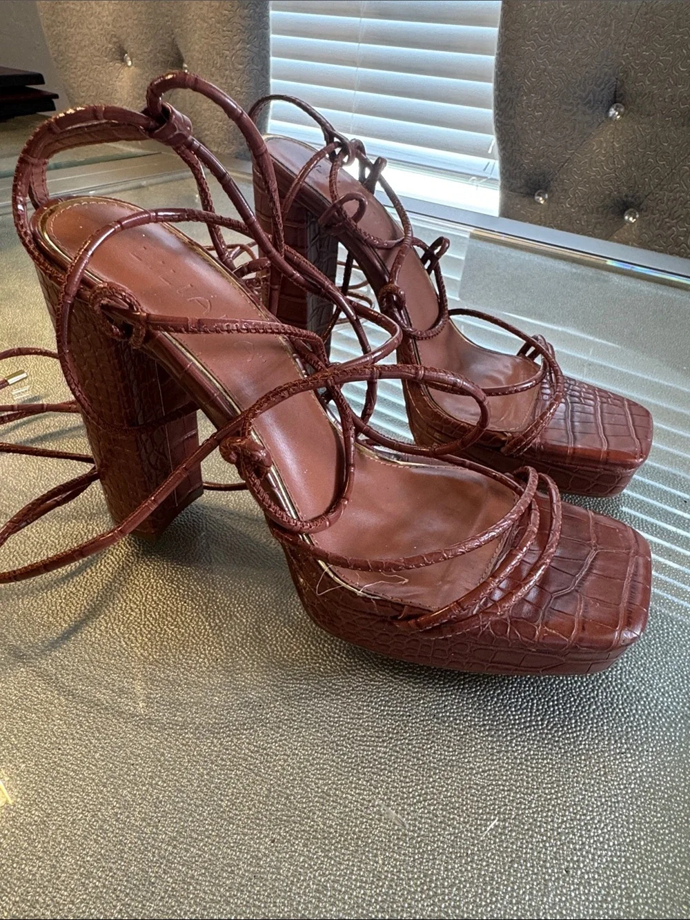 Liliana Burgundy Faux-Croc Platform Strappy Block Heels